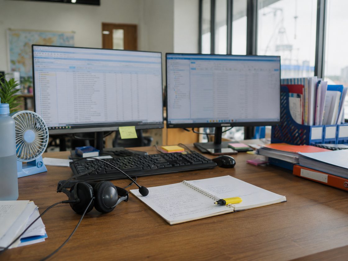 Bàn customer service với hai màn hình và sổ ghi ca trực