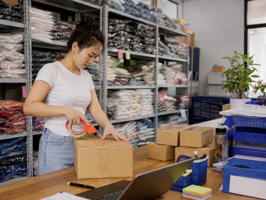 Chủ shop online đóng gói đơn hàng trong kho nhỏ