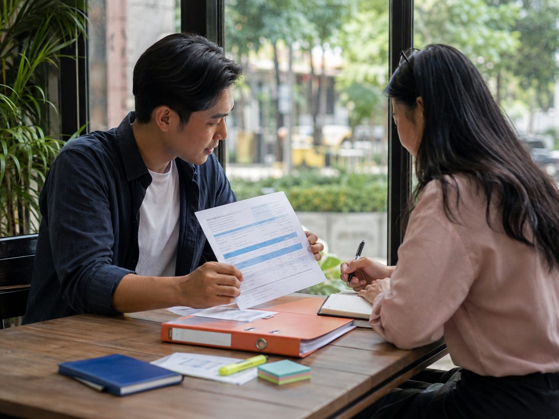 Hai người bàn hợp đồng cước ở bàn cafe